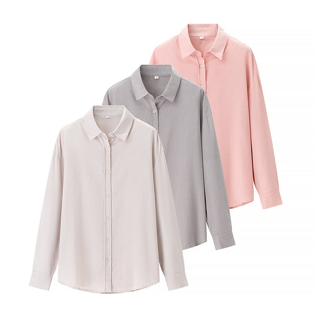 3 Colorway Solid Color Long Sleeve Buttons up Turn Down Collar Casual Fashion Tops Blouse for Women