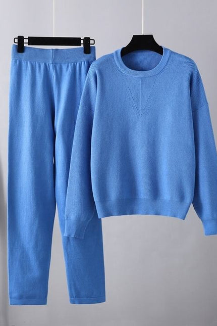 Autumn and Winter Ladies' Casual Set New Loose Sweater Two Piece Pants Set Solid Color Knitting Set Female Fashion