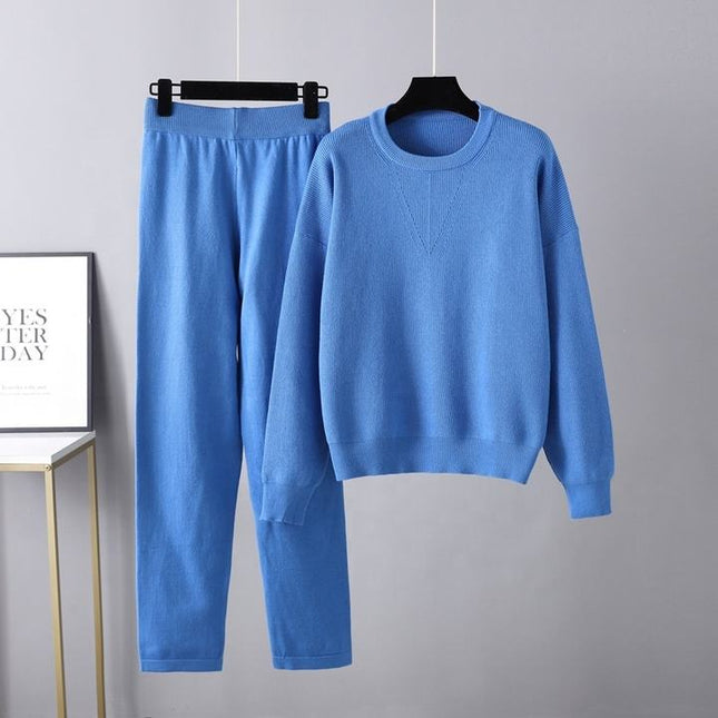 Autumn and Winter Ladies' Casual Set New Loose Sweater Two Piece Pants Set Solid Color Knitting Set Female Fashion