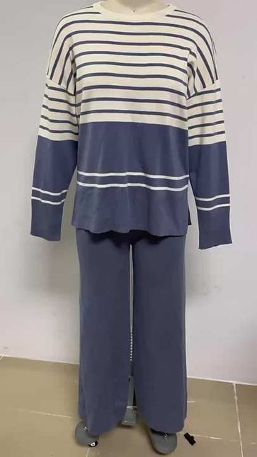 Autumn Winter New Striped Knitted Two-piece Round Neck Sweater Top + Fashion Trousers 2-piece Set