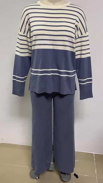Autumn Winter New Striped Knitted Two-piece Round Neck Sweater Top + Fashion Trousers 2-piece Set