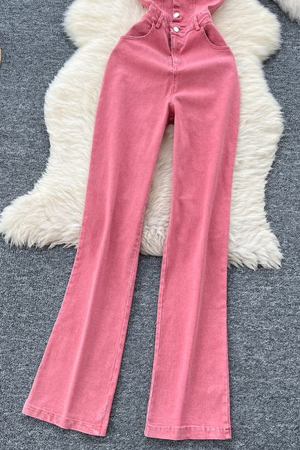 Summer Jumpsuit Hanging Neck Sleeveless Backless High Waist Wide Leg Denim Jumpsuit