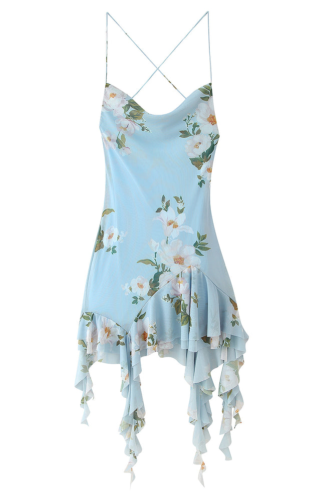Blue Color Back Hollow Out Floral Print Spaghetti Strap Casual Fashion Mini slip Dress for Women