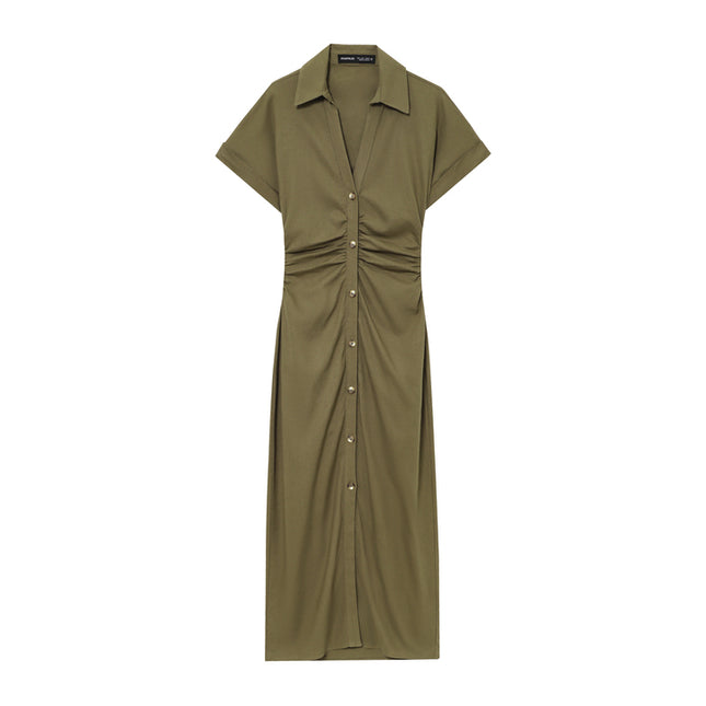 2 Colorway Buttons up Solid Color Short Sleeve Turn Down Collar Casual Fashion Summer Shirt Dress for Women