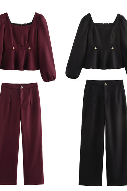 2 Colorway Solid Color square Collar Long Sleeve Blouse Zipper Fly Long Pants Casual Fashion Women 2 Piece Set