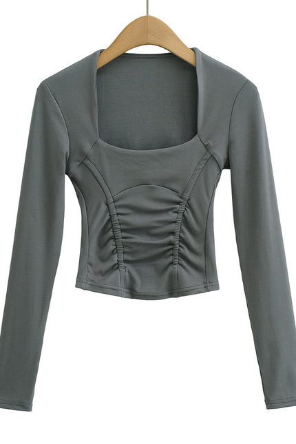 5 Colorway square Collar Solid Color Front Pleated Long Sleeve Casual Women's T-shirt