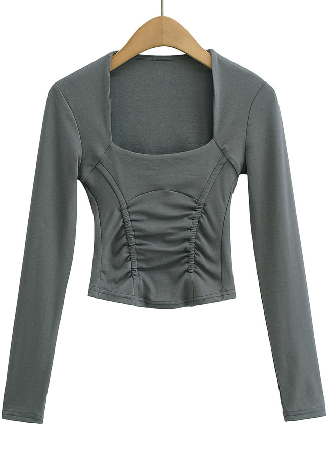 5 Colorway square Collar Solid Color Front Pleated Long Sleeve Casual Women's T-shirt