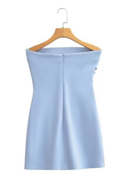 Strapless Blue Color Pleated Back Zipper Fly Casual Fashion Mini Dress for Ladies