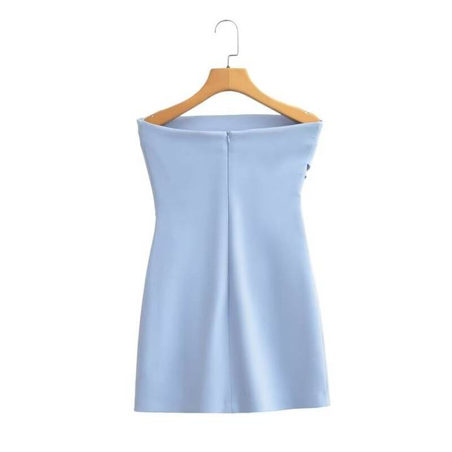 Strapless Blue Color Pleated Back Zipper Fly Casual Fashion Mini Dress for Ladies