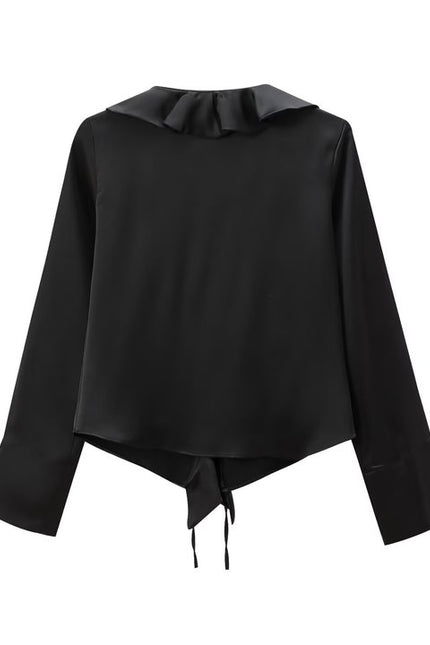 V Neck Black Color Long Sleeve Front Ruffle Casual Fashion Modest Blouse for Women