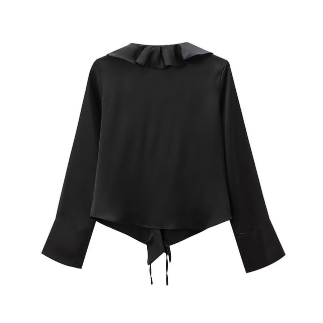 V Neck Black Color Long Sleeve Front Ruffle Casual Fashion Modest Blouse for Women