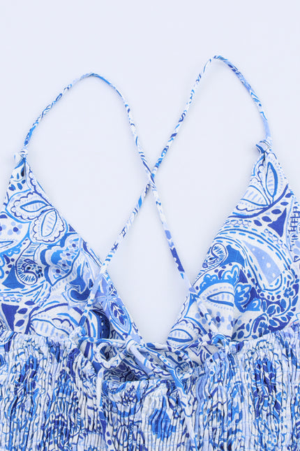 Floral Print Blue Color Floral Print Back Slit Hollow Out Pleated Casual Fashion Summer Long Dress for Women