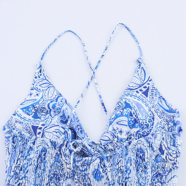 Floral Print Blue Color Floral Print Back Slit Hollow Out Pleated Casual Fashion Summer Long Dress for Women
