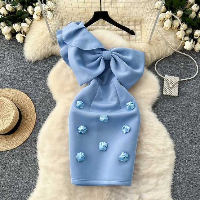 S-4xl Sexy Pure Desire Wind Bow Tie Single Shoulder Diagonal Neck Bra Wrap Hip Dress