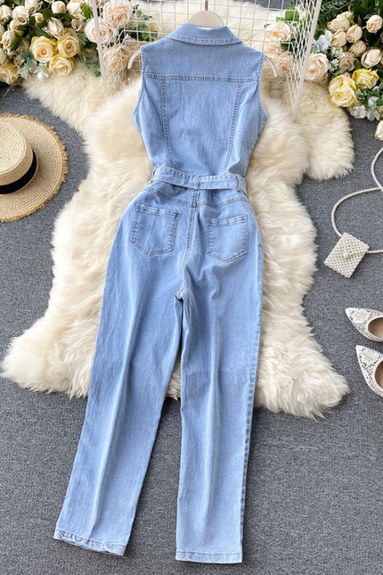 Retro Buckle Ties Waist Straight Wide Leg Pants Denim Jumpsuit
