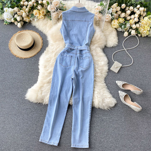 Retro Buckle Ties Waist Straight Wide Leg Pants Denim Jumpsuit