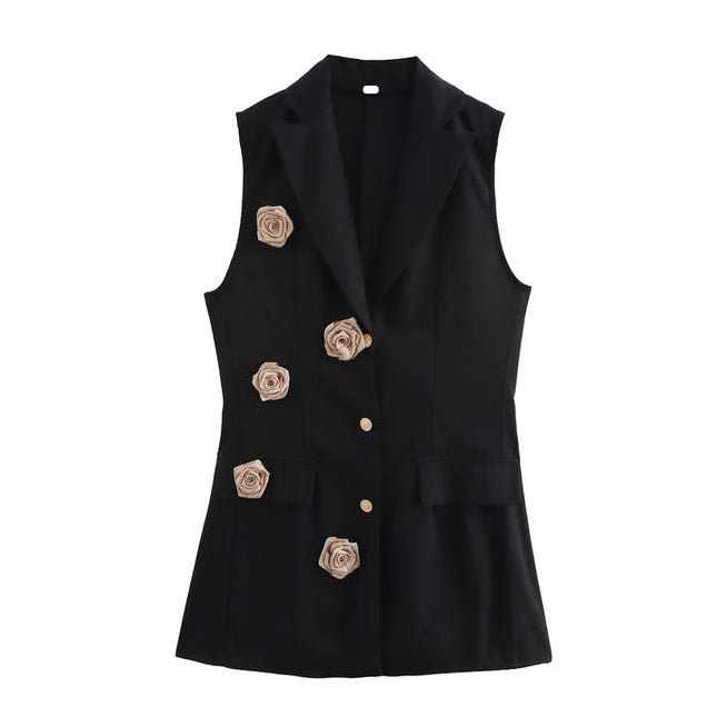 Notched Collar Black Color Front Flower Hot Sale Casual Fashion blazer Dress for Women