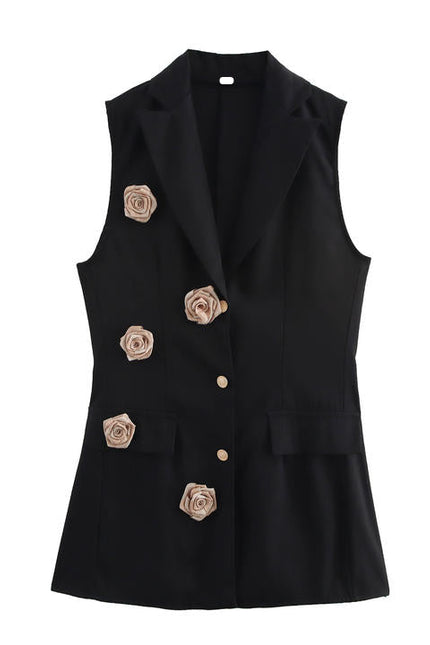 Notched Collar Black Color Front Flower Hot Sale Casual Fashion blazer Dress for Women