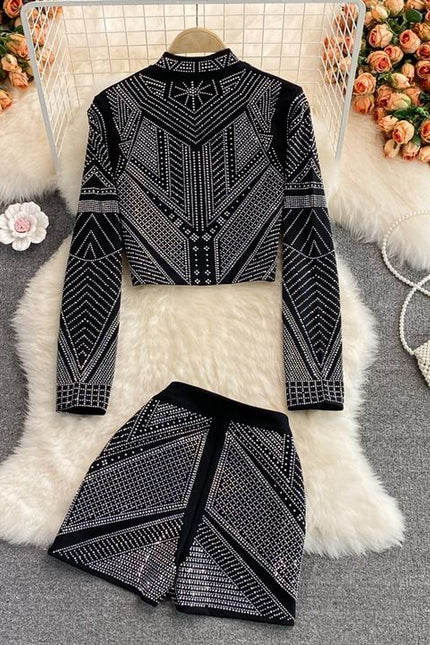 Fashionable Style Hot Diamond Suit Coat Women's Foreign Style Short Top Two Piece Set High Waist Wide Leg Shorts Fashion