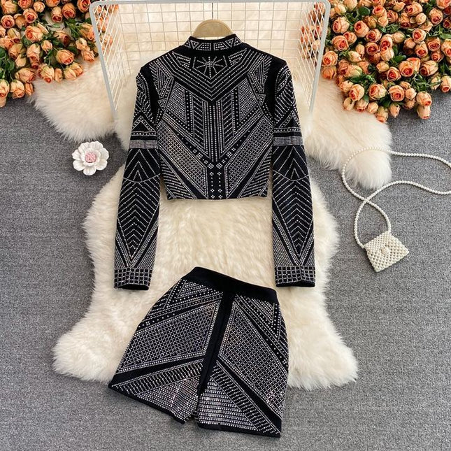 Fashionable Style Hot Diamond Suit Coat Women's Foreign Style Short Top Two Piece Set High Waist Wide Leg Shorts Fashion