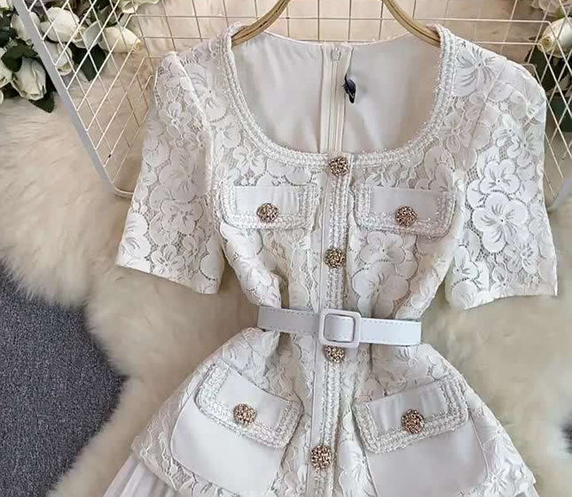 French Women Exquisite Square Neck Lace Patchwork Pleated Long Gown Elegant Casual Dress