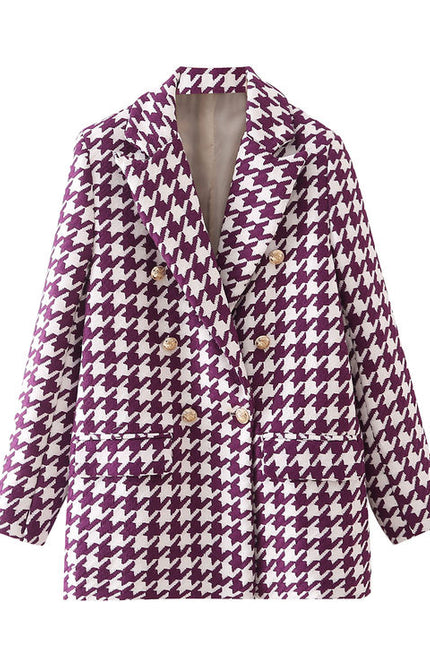 Purple Color Swallow Grid Design Double Breasted Notched Collar Long Sleeve Sexy Elegant Women Fashion Casual blazer