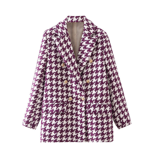 Purple Color Swallow Grid Design Double Breasted Notched Collar Long Sleeve Sexy Elegant Women Fashion Casual blazer