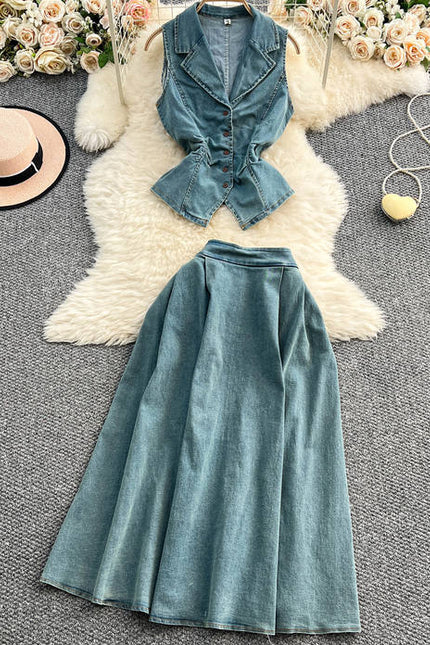 Set of Women's Summer Light Mature Style Pleated Waist Denim Top+high Waist Slimming Skirt