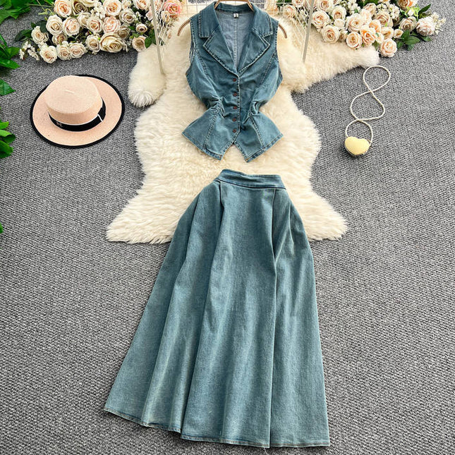 Set of Women's Summer Light Mature Style Pleated Waist Denim Top+high Waist Slimming Skirt