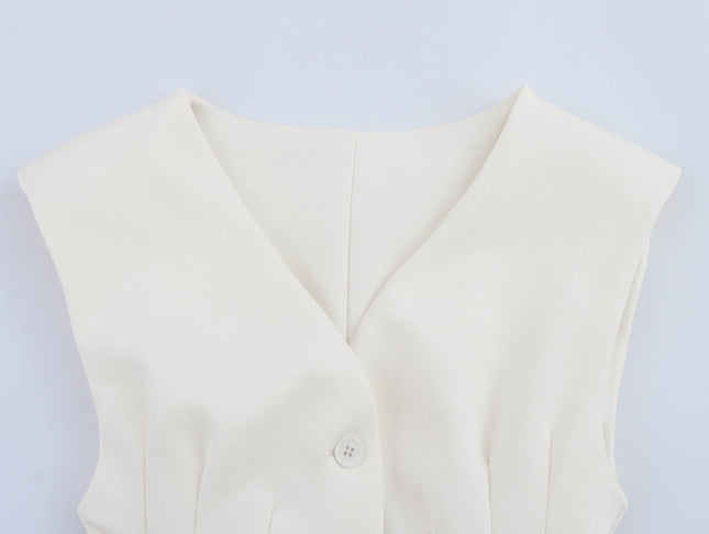 V Neck Buttons up Beige Color Sleeveless Casual Fashion Vest Waistcoat for Women