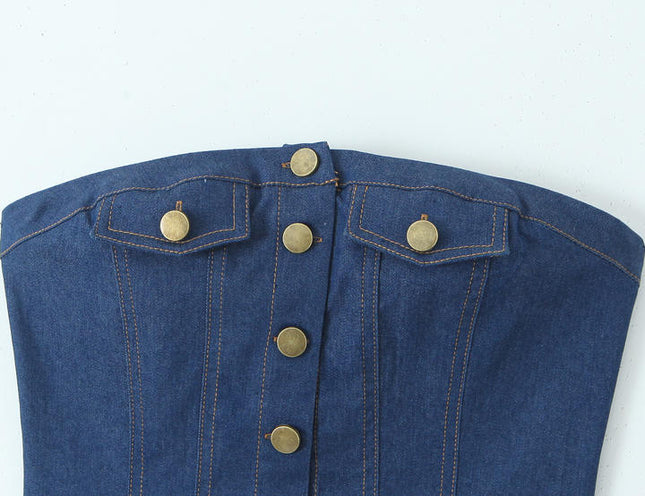 Buttons up Denim Blue Color Strapless Casual Fashion Jeans Crop tank Top for Women