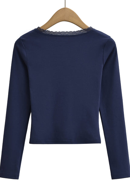 V Neck Long Sleeve Solid Color Lace Casual Fashion t Shirt for Women