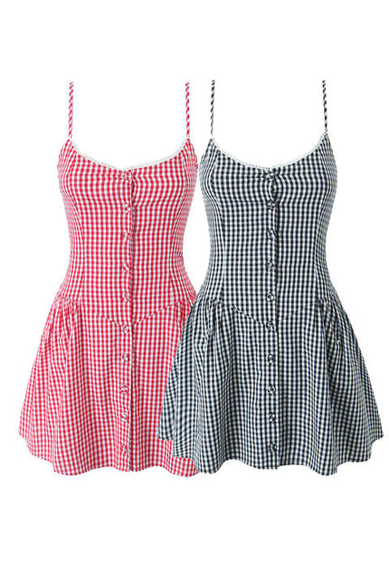 2 Colorway Spaghetti Strap Plaid Pattern Buttons up Casual Fashion Cotton Mini slip Dress for Women