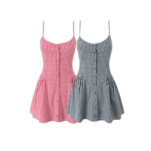2 Colorway Spaghetti Strap Plaid Pattern Buttons up Casual Fashion Cotton Mini slip Dress for Women