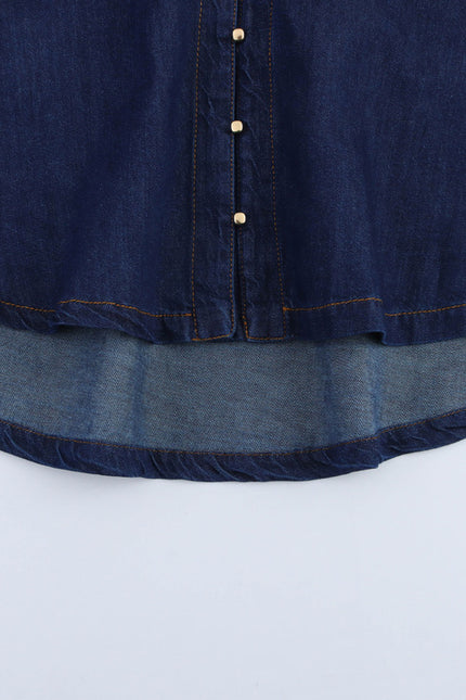 Turn Down Collar Buttons up Long Sleeve Denim Blue Color Casual Fashion Jeans Tops Blouse for Women