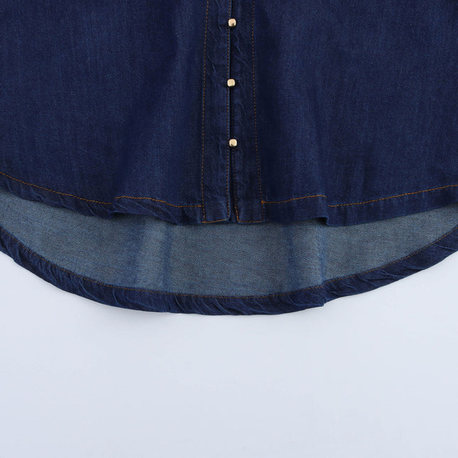 Turn Down Collar Buttons up Long Sleeve Denim Blue Color Casual Fashion Jeans Tops Blouse for Women
