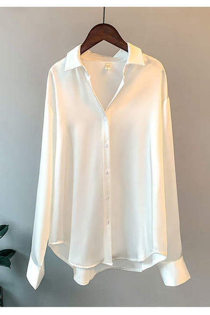 Spring Solid Color Satin Blouse Women Top Ladies Wear Autumn Long Sleeve Turn-down Collar Women Tops Fashionable