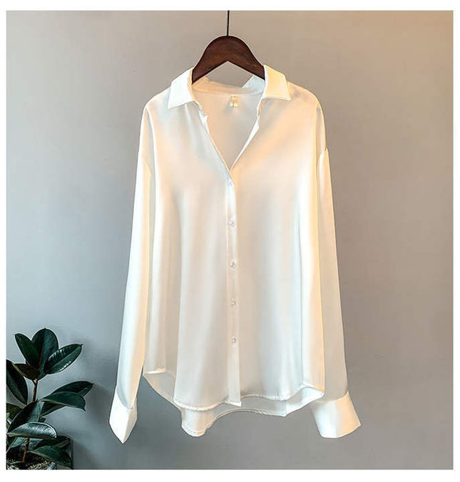 Spring Solid Color Satin Blouse Women Top Ladies Wear Autumn Long Sleeve Turn-down Collar Women Tops Fashionable
