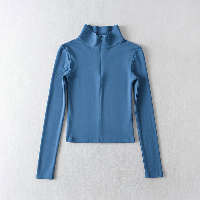 Turtleneck Collar Solid Color Long Sleeve Zipper Fly Casual Women t Shirt