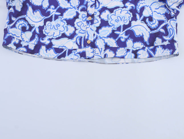 Floral Print Blue Color Buttons up Short Sleeve Casual Fashion Tops Blouse for Women