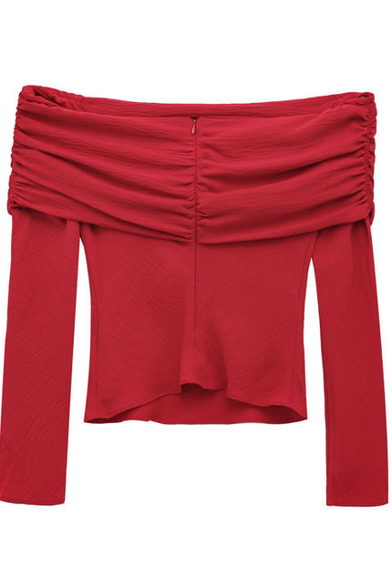 Slash Neck Long Sleeve Red Color Pleated Back Zipper Fly Casual Fashion Tops Shirts for Women
