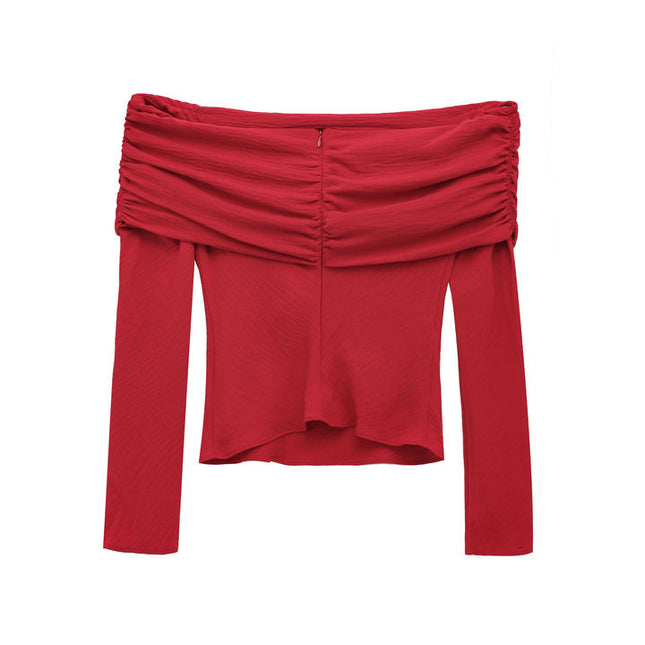 Slash Neck Long Sleeve Red Color Pleated Back Zipper Fly Casual Fashion Tops Shirts for Women