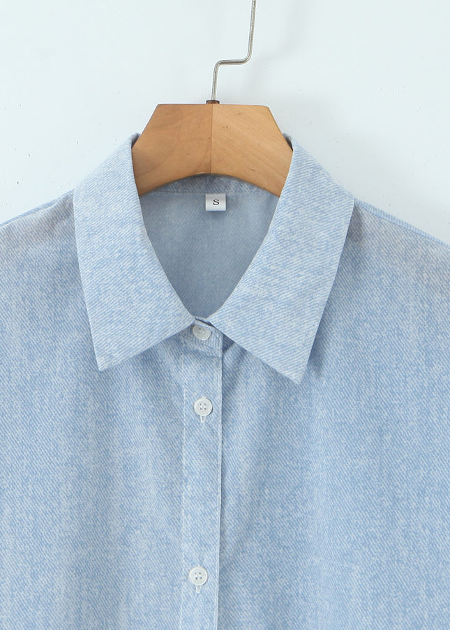 Blue White Color Buttons up Long Sleeve Turn Down Collar Casual Fashion Tops Blouse for Women