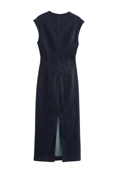 Crew Neck Front Pleated Sleeveless Denim Blue Color Casual Fashion Long Jeans Dress for Women