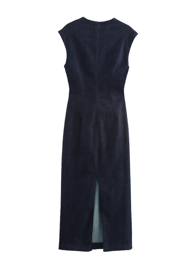 Crew Neck Front Pleated Sleeveless Denim Blue Color Casual Fashion Long Jeans Dress for Women