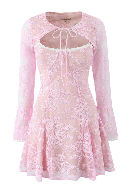 Crew Neck Long Sleeve Front Lace up Crop Top pink Color Floral Lace Mini Dress Casual Fashion Women 2 Piece Set