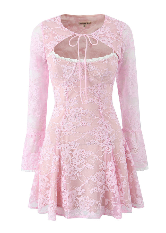 Crew Neck Long Sleeve Front Lace up Crop Top pink Color Floral Lace Mini Dress Casual Fashion Women 2 Piece Set