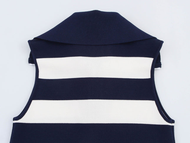 Turn Down Collar Zipper Fly Striped Pattern Navy White Color Sleeveless Casual Fashion Mini Knit Dress for Women