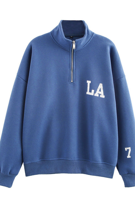 Stand Collar Blue Color Front Letter Print Long Sleeve Casual Fashion Sweatshirt for Women
