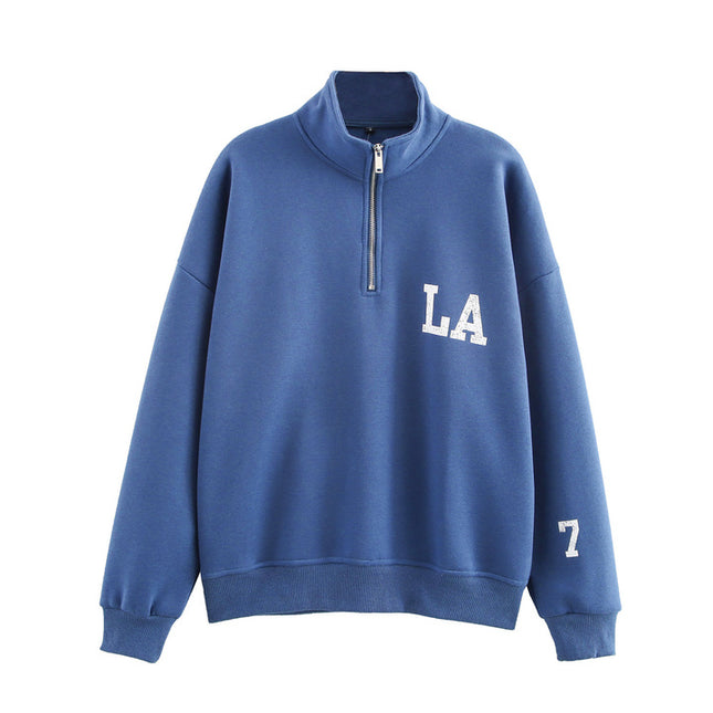 Stand Collar Blue Color Front Letter Print Long Sleeve Casual Fashion Sweatshirt for Women